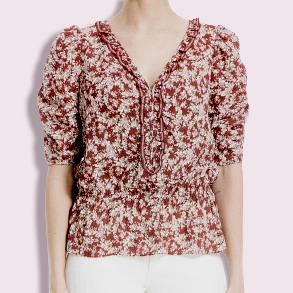 NEW Max Studio Red Floral Ruched Sleeve Ruffle Placket Blouse Size XL